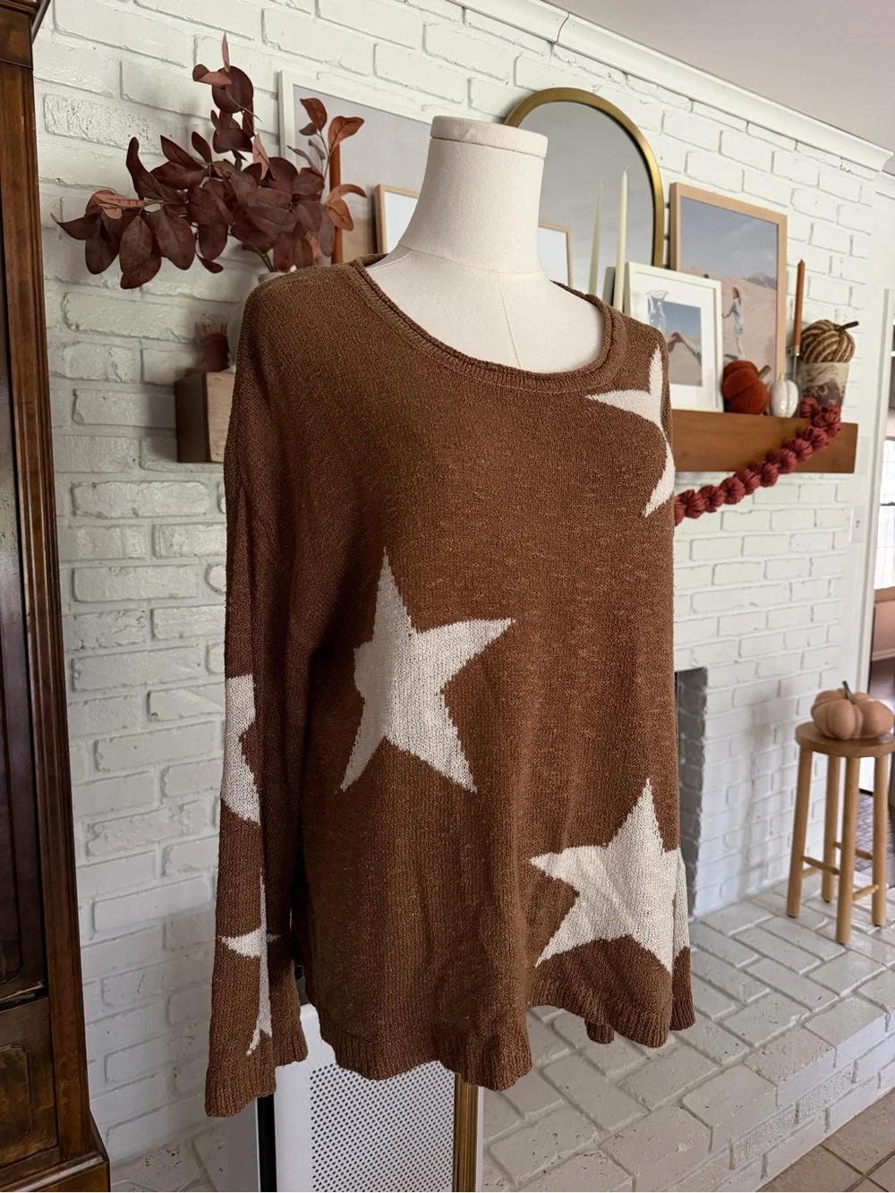Altar'd State Brown Star Crewneck Sweater with Cream Stars